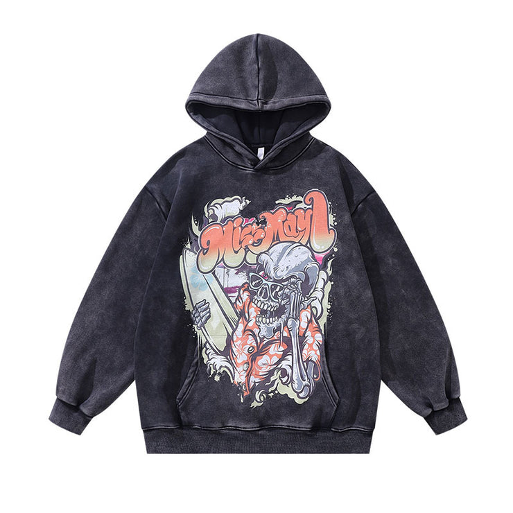 Vintage Skull Printing Plus Velvet Washed Loose Hooded Sweater