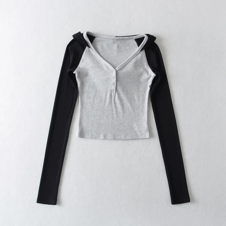 Contrast Color Hooded Sports Top Hot Girl Short High Waist Midriff-baring Long Sleeve Sweater