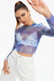 Women's Round Neck Exposed Navel Long -sleeved Mesh Printed Tops