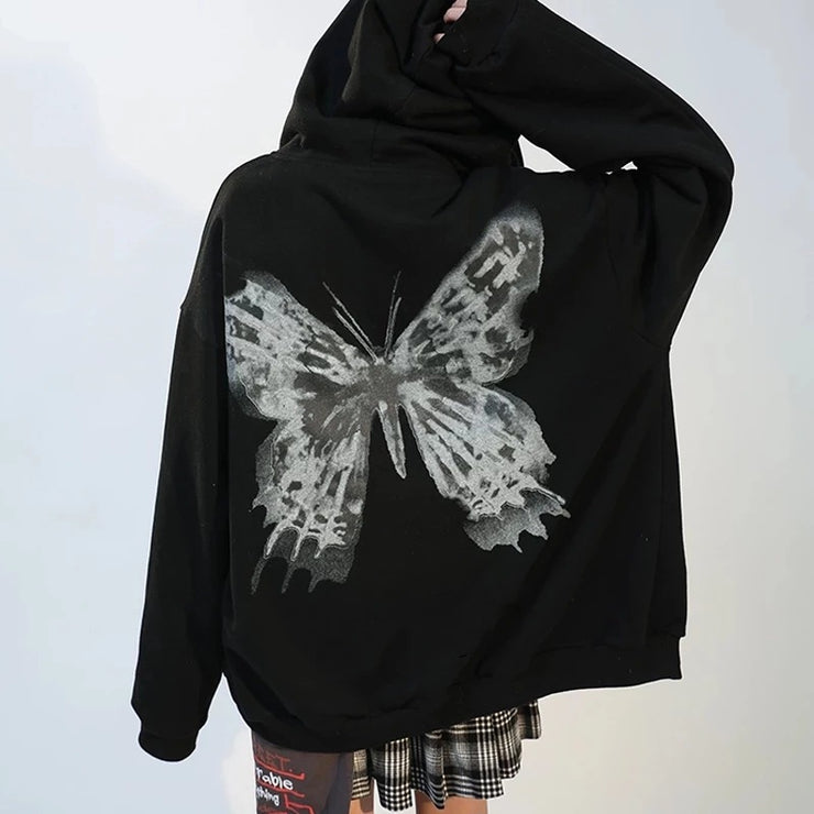 Hooded Zipper Letter Butterfly Print Fleece Cardigan Sweatshirt