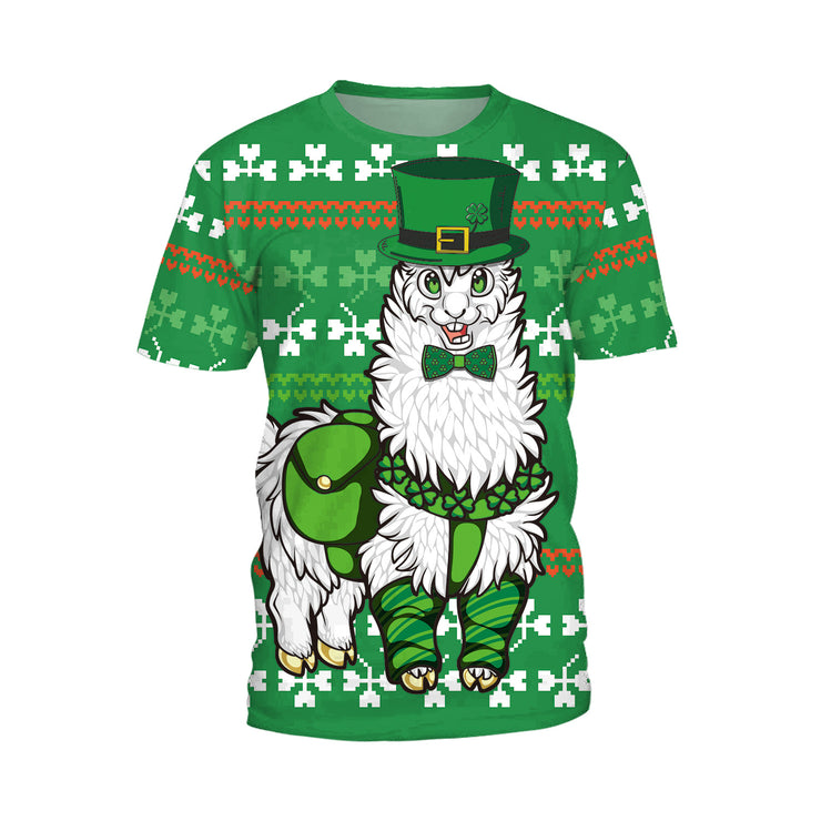 Patrick's Day Four Leaf Grass Cute Pet Cat Digital Print Round Neck T-shirt