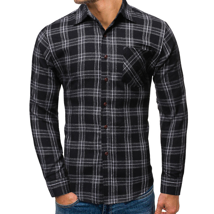 Cotton Brushed Youth Casual Single-pocket Slim Plaid Shirt