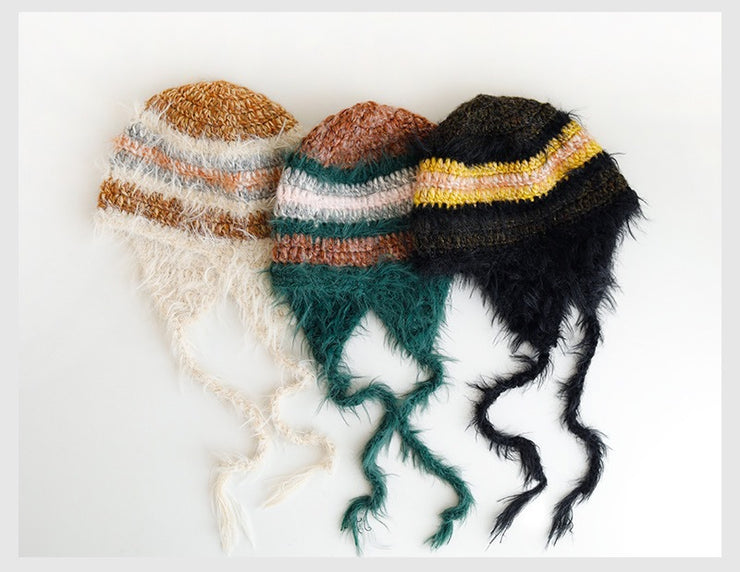 Rabbit Hair Plush Hat Korean Style Ins Warm Earflaps Cap Lace-up Cold-proof Striped Knitted Woolen Cap Winter