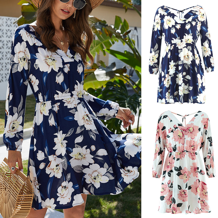 V-neck tie print dress