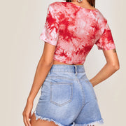 New European And American Style Women's Clothing Slim Short-sleeved Tops Tie-dye Printed Sexy Navel T-shirt