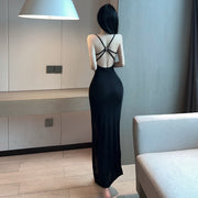 Hollow Backless Pure Color Temperament Sexy Slim Bag Hip Long Dress Dress Suspenders Slit Dress