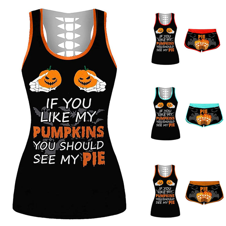 Women's Fashion Halloween Pumpkin Print Sleeveless Tank Top Shorts Suit