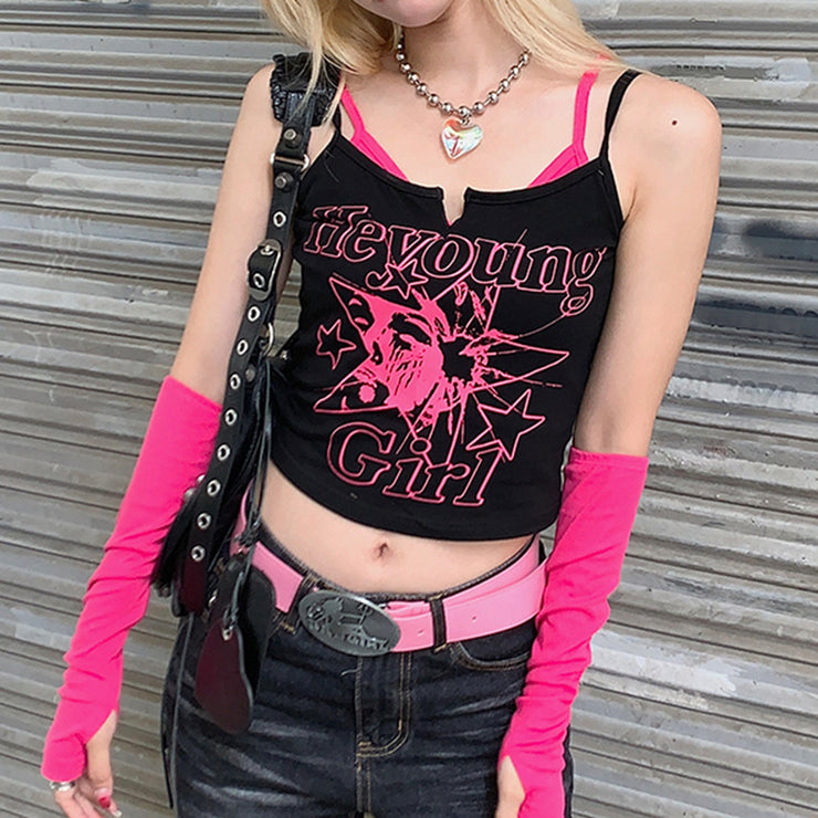 Y2K Millennial Hot Girl Style Star Elements Letter Clash Color Printing Suspenders Fake Two Pieces Personality Design Bottoming Tank Top