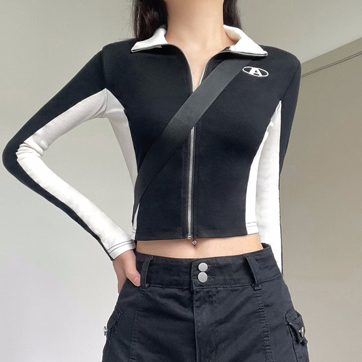 Simple Contrast Color Stitching Long Sleeve T-shirt Women's Top