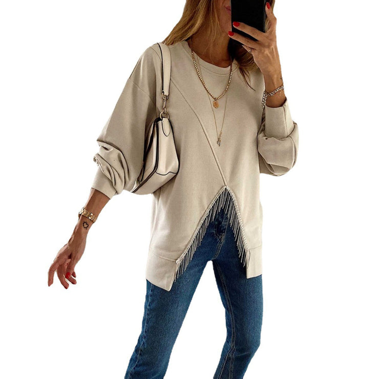 Women's Split Tassel Loose Casual Long Sleeves Top Solid Color Round Neck Sweater