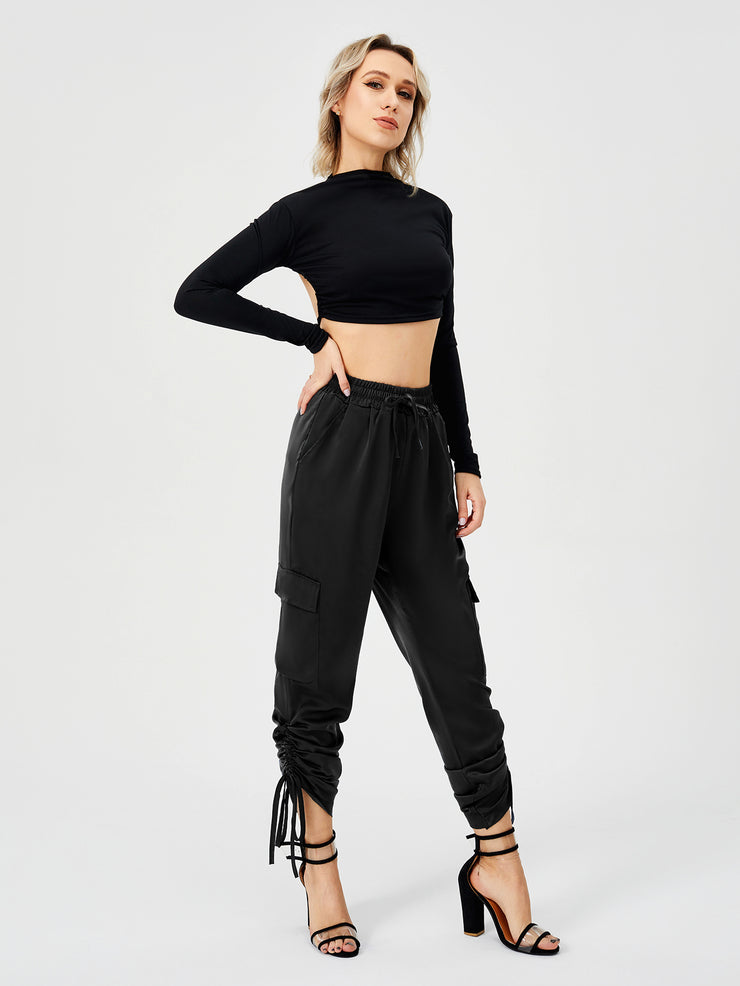 Women's Satin Jogger Pants Casual High Waist Long Lounge Pant Trousers With Pockets