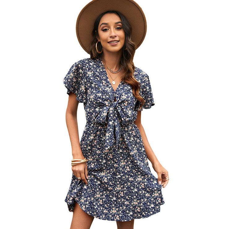 Floral Printed V-neck Lace-up Elegant Dress