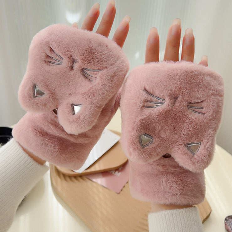 Women's Cold-proof Warm Flip Half Finger Cartoon Cute Plush Gloves