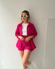 Long-sleeved Shirt High-waisted Drawstring Shorts Fashion Casual Two-piece Set