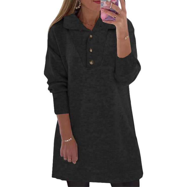 New Women's Solid Collar Button Long Sleeve Casual Dress Women