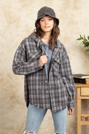 Women's Fashion Hooded Large Pocket Plaid Shirt Coat