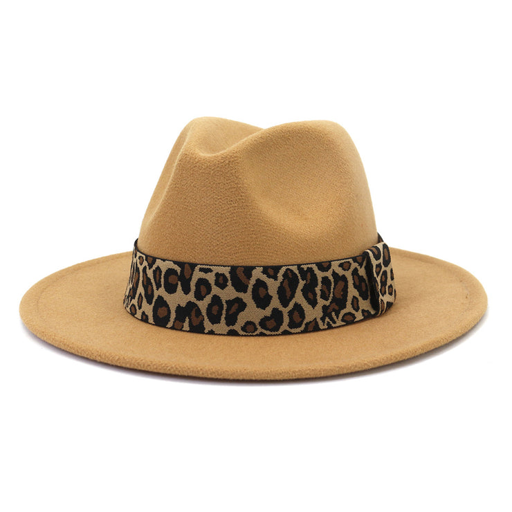 British Style Wool Leopard Print Wide-brimmed Hat