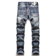 Men's Skinny Stretch Embroidery Printed Tapered Jeans