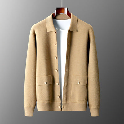 Men's Polo Collar Solid Color Wool Cardigan Autumn Winter Retro Pocket Thick Coat