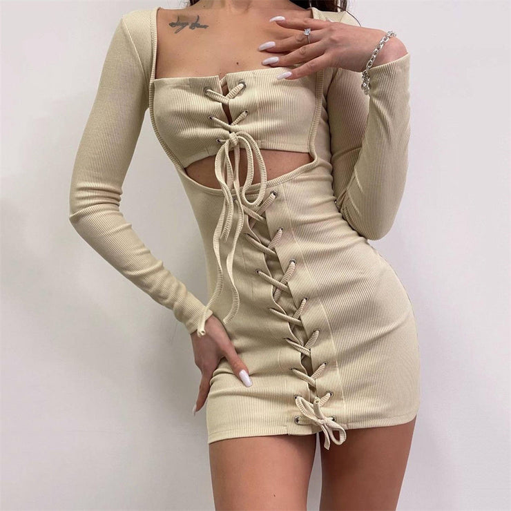 Square Neck Cut Out Tie Long Sleeves Mini Dress