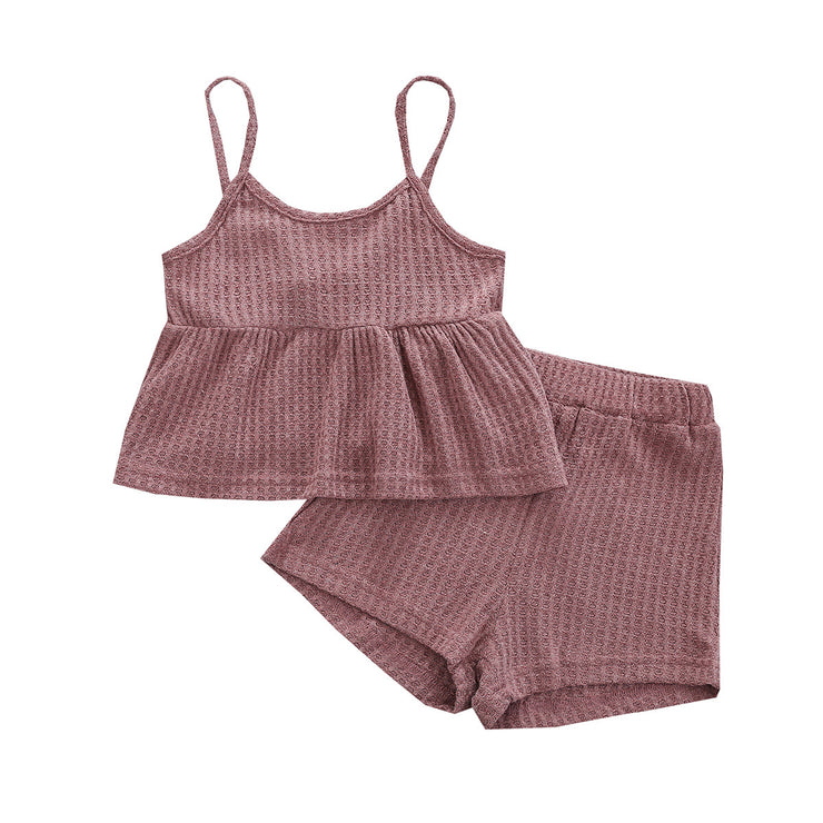 Sleeveless Suspender Top And Shorts Solid Color Two-piece Set