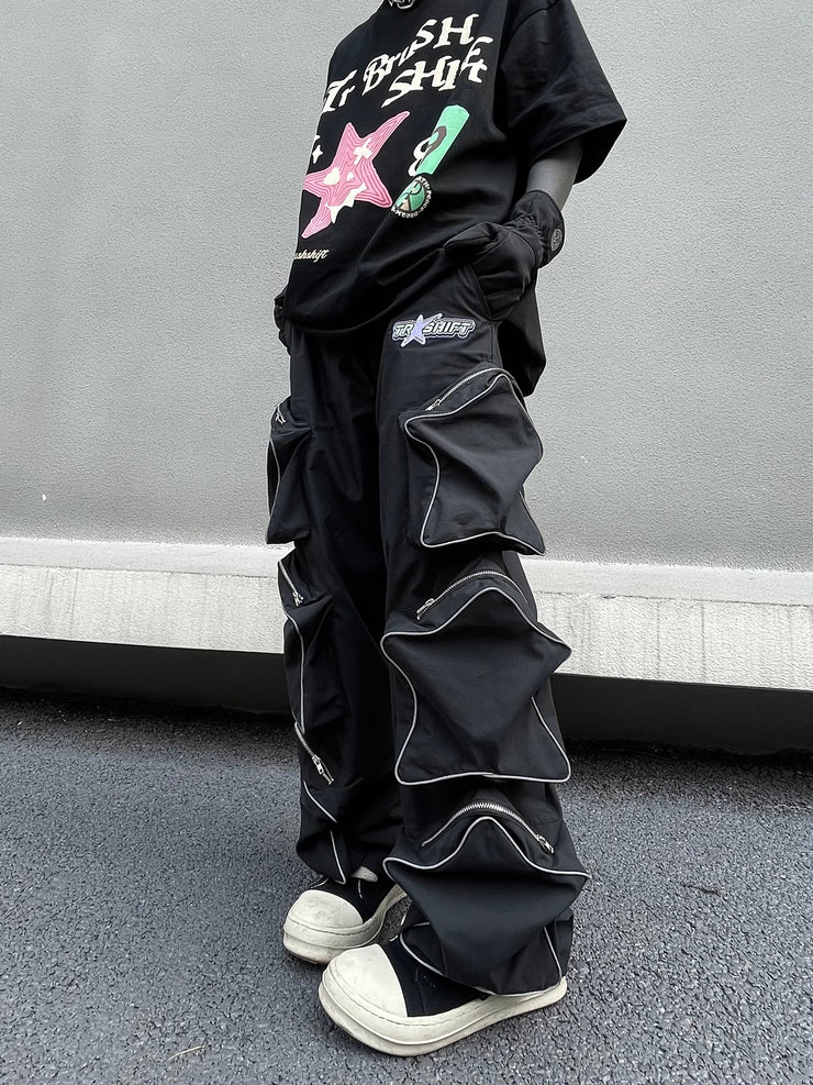 Silhouette Five Pointed Star Three-dimensional Patch Pocket Reflective Casual Straight Leg Pants