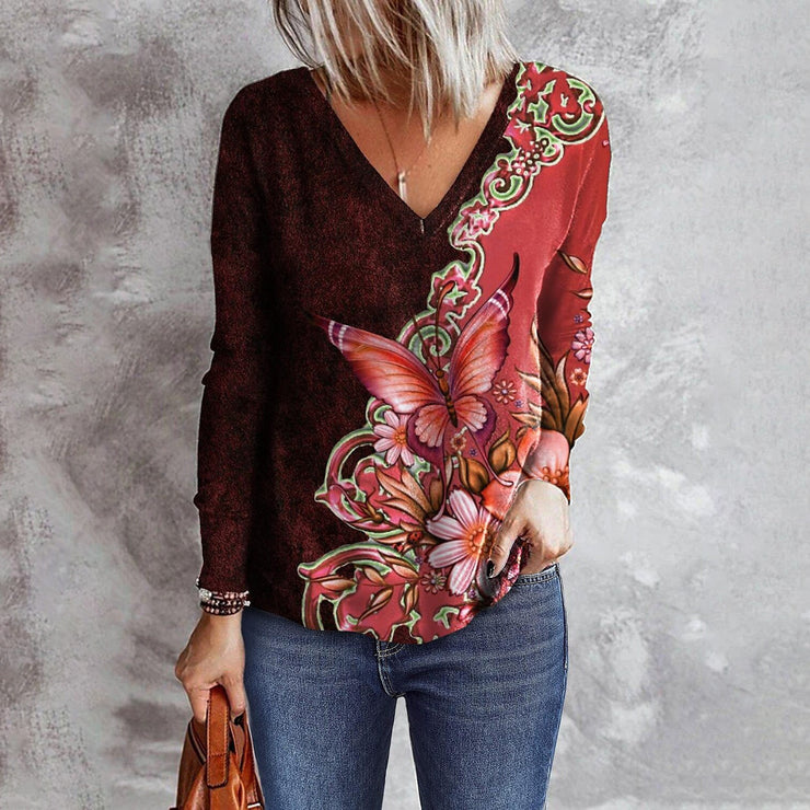 Women's Flower Butterfly Printed V-neck Long Sleeve Loose T-shirt