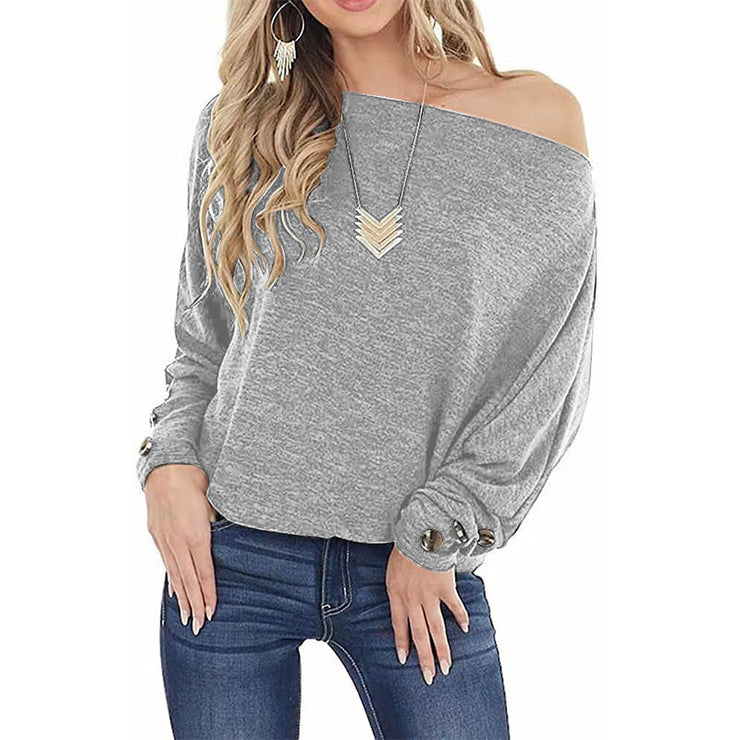 Women's Off-shoulder Button Solid Color Long Sleeve Casual T-shirt