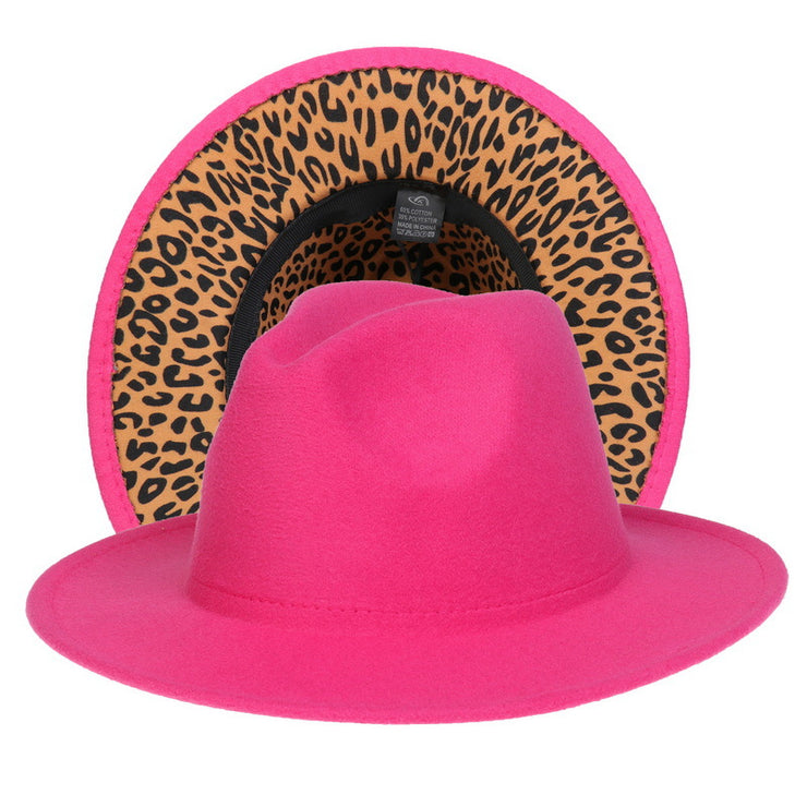 Double-sided Color-blocking Leopard Print Woolen Fedora Hat