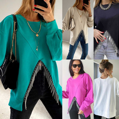 Women's Split Tassel Loose Casual Long Sleeves Top Solid Color Round Neck Sweater