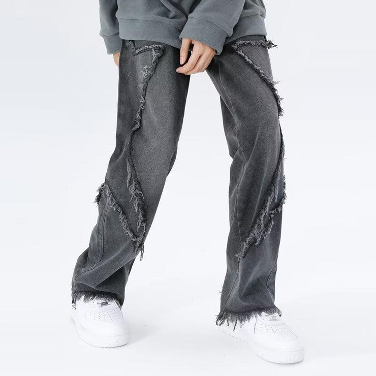 Raw Hem Jeans Men's American High Street Straight-leg Pants