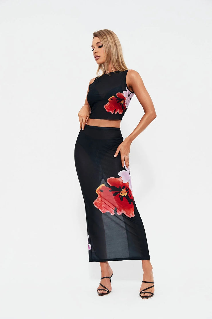 Sleeveless Printed Hip Slit Skirt Set