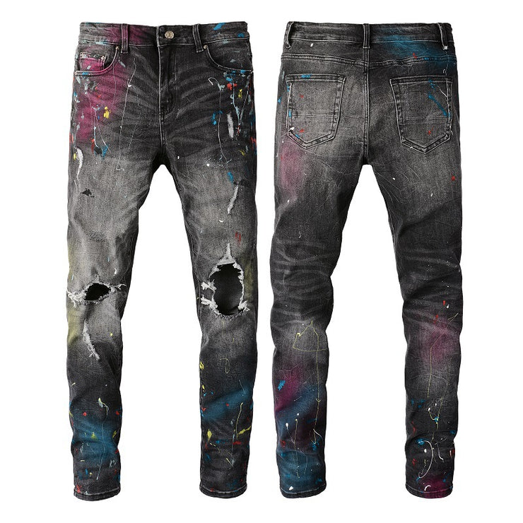 High Street Ripped Men's Splash-ink Paint Graffiti Jeans