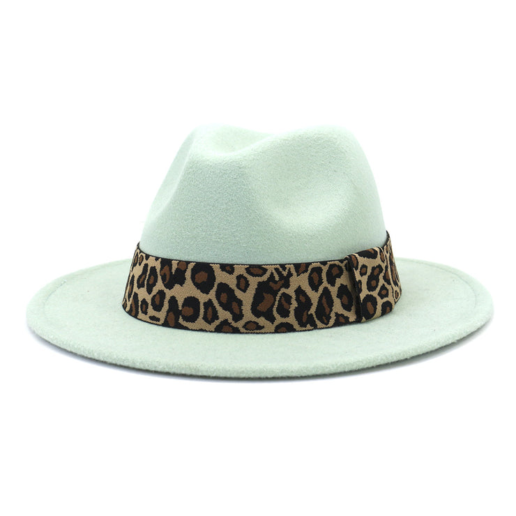 British Style Wool Leopard Print Wide-brimmed Hat