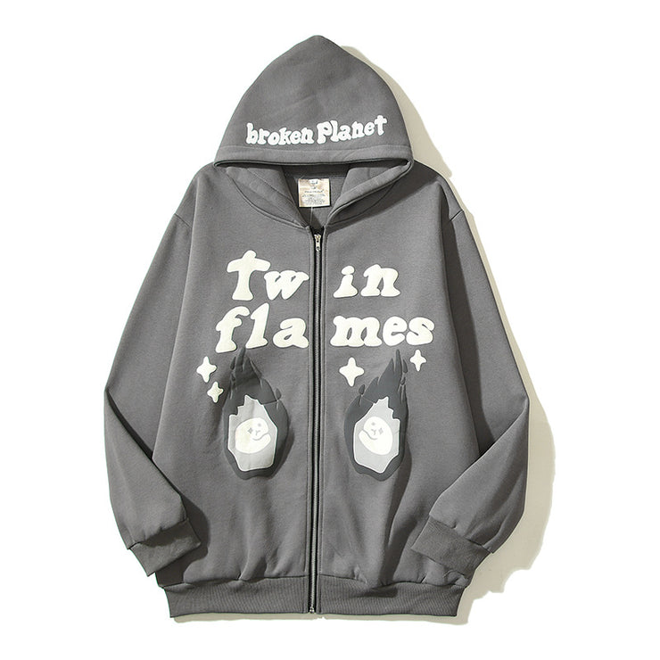 Men's Double-born Flame Foam Loose Open Chest Zipper Hooded Jacket