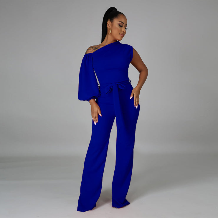 Fashion Jumpsuit Solid Color Single Shoulder Top Wide Leg Pantsuit