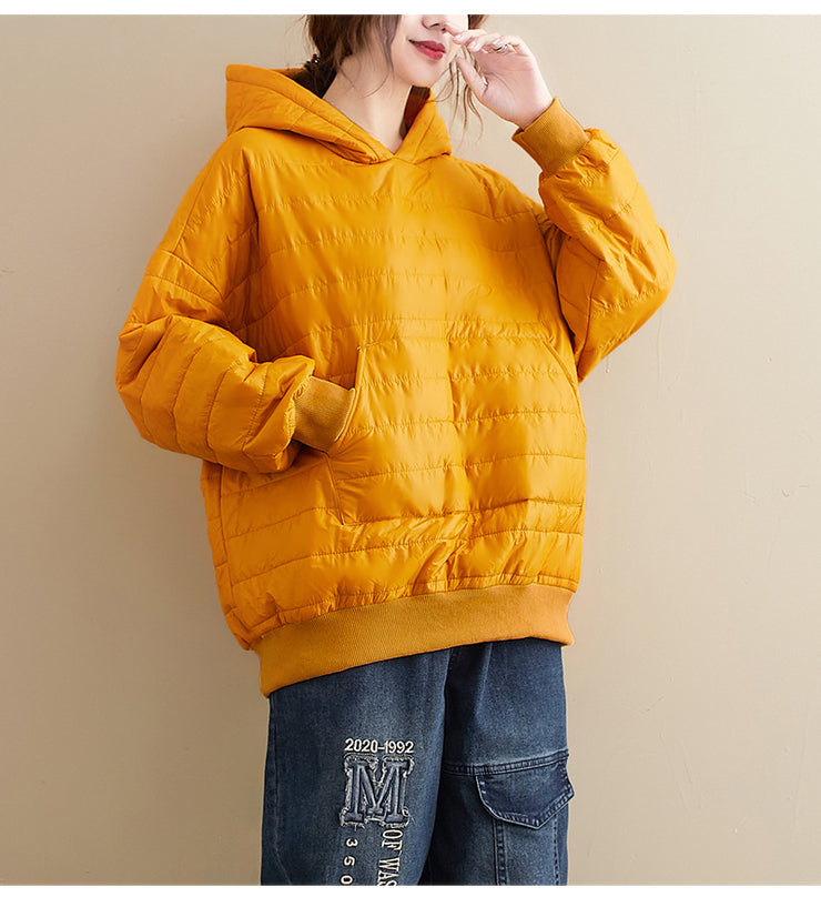 Winter New All-match Preppy Style Solid Color Hooded Loose Long-sleeved Cotton Jacket Jacket Women