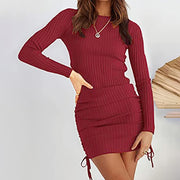 Women's Fall And Winter Fashion Casual Pleated Decorative Drawstring Knit Mid-waist Long-sleeved Dresses