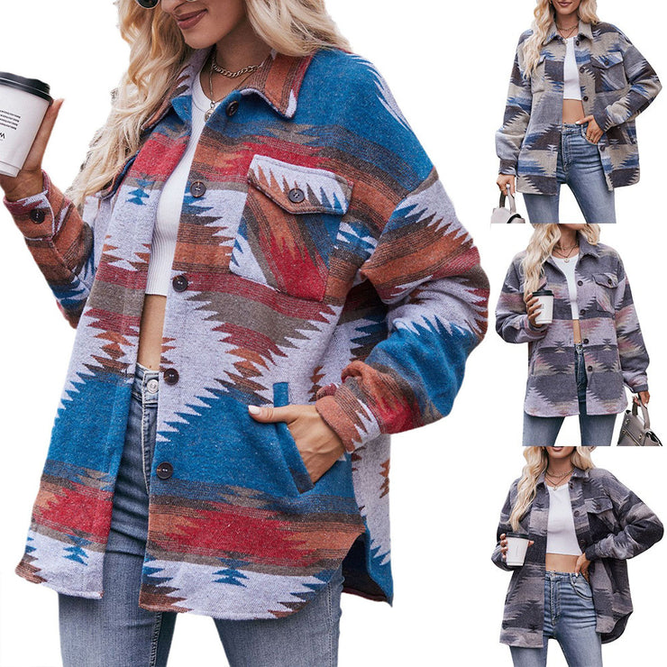 Geometric Print Jacket Shirt Winter Stand Collar Coats With Pockets Women's Outwear