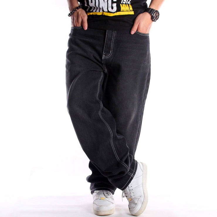 Black Washed Jeans Men's Hip Hop Loose Plus Size Trousers