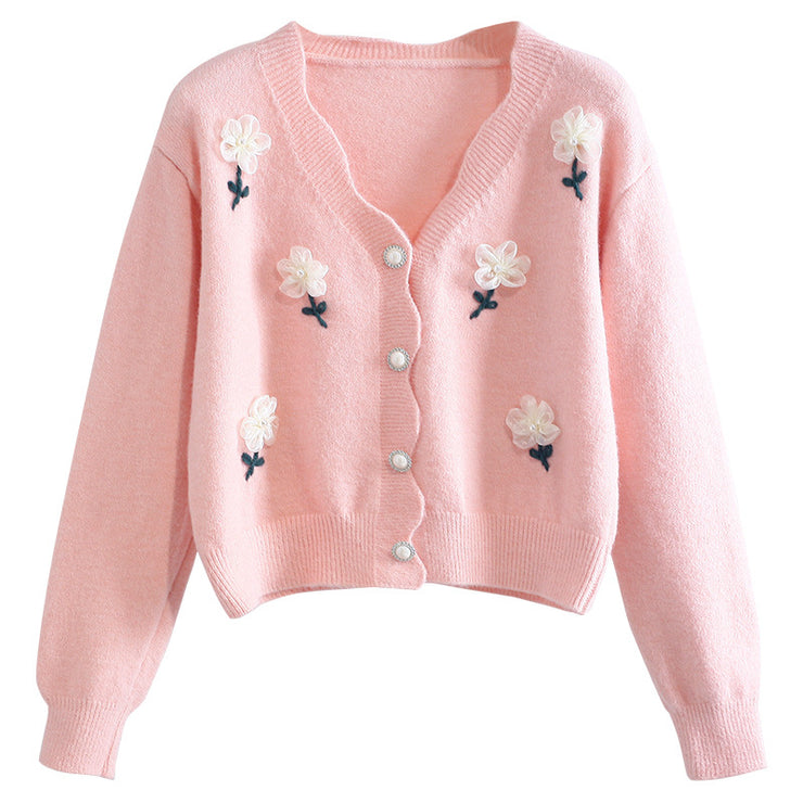 Women's V-neck Three-dimensional Floral Knit Cardigan