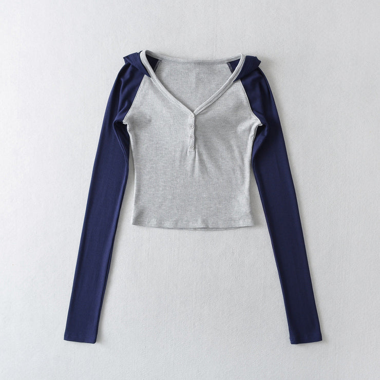 Contrast Color Hooded Sports Top Hot Girl Short High Waist Midriff-baring Long Sleeve Sweater