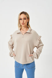 Women's Casual Ruffle Trim Half Zip Sweatshirt