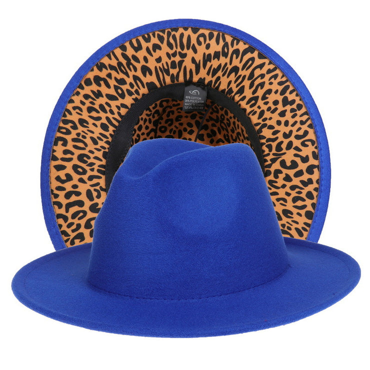 Double-sided Color-blocking Leopard Print Woolen Fedora Hat