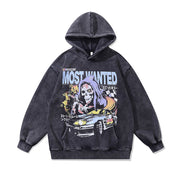 Vintage Skull Printing Plus Velvet Washed Loose Hooded Sweater