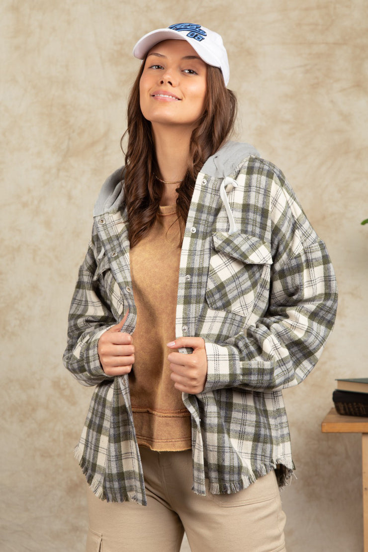 Women's Fashion Hooded Large Pocket Plaid Shirt Coat