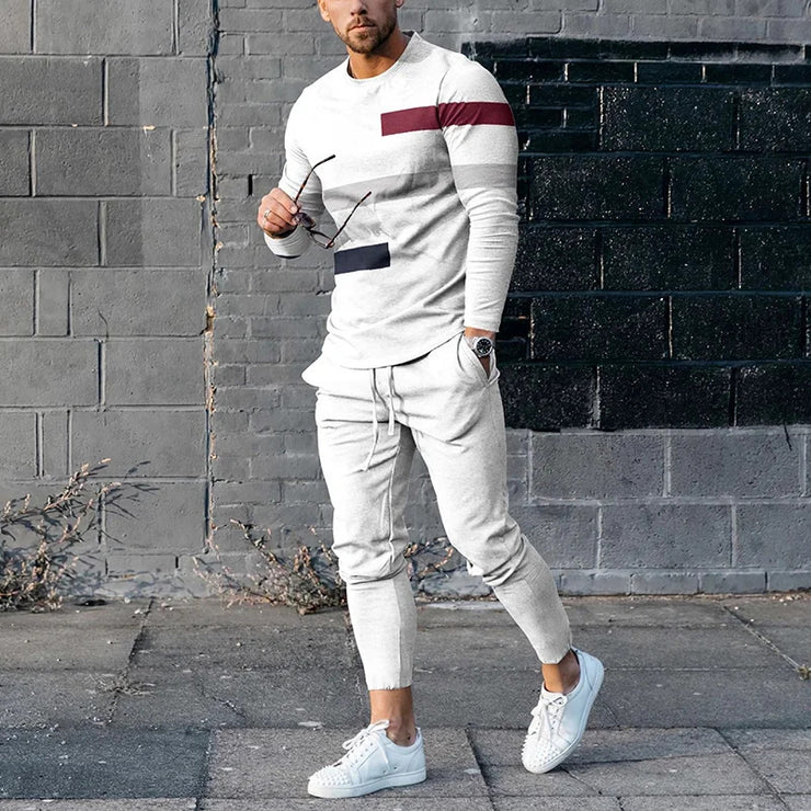 Men's Round Neck Striped Sweatshirt Suit