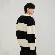 Loose Black And White Striped Sweater For Men