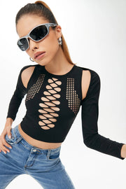 The New Cubs Round Neck Hollow Cross -body Solid Color Off -the -shoulder Long -sleeved Street Tide Bottoming Shirt