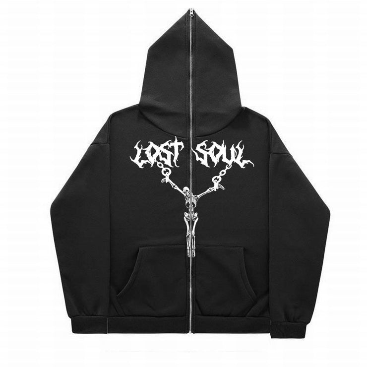 American Retro Y2g Skull Iron Cable Printing Full Face Zipper Hooded Sweatshirt